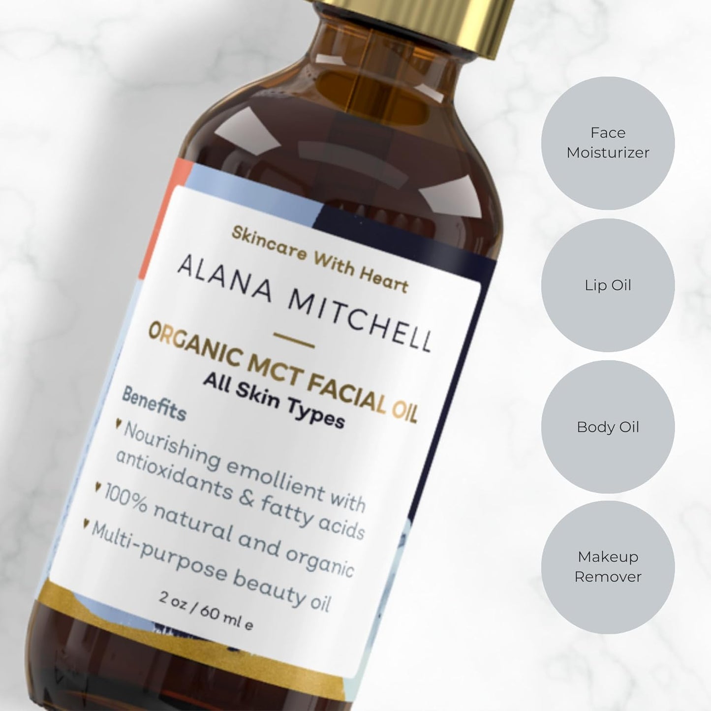 Organic MCT Face Oil – Hydrating Coconut Oil for Wrinkle and Fine Line Prevention – Unisex Moisturizer for Face, Body, and Lips (2 Oz)