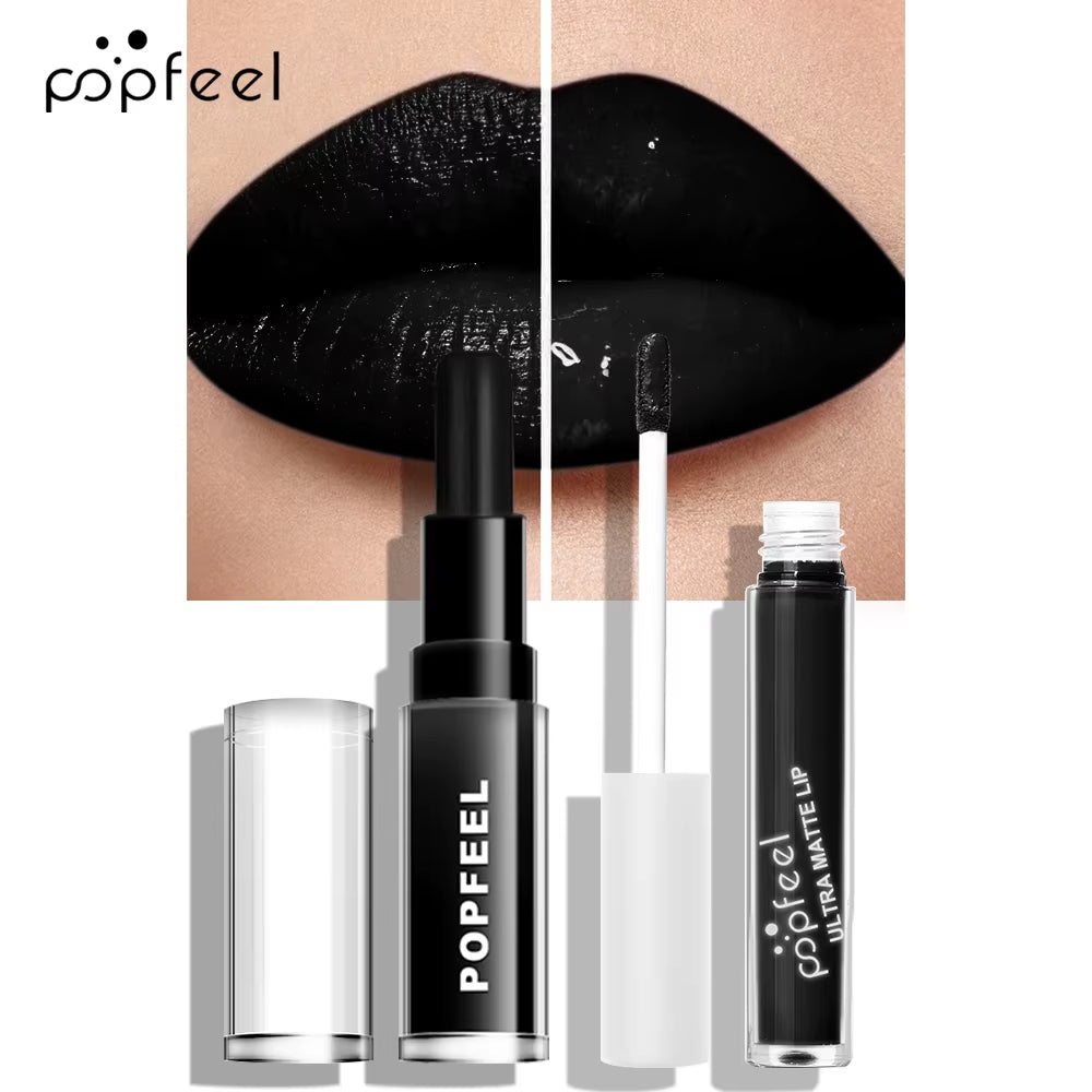 Enchanting Hallowmas Lip Makeup Collection: Long-Lasting Black Lipstick & Gloss Duo
