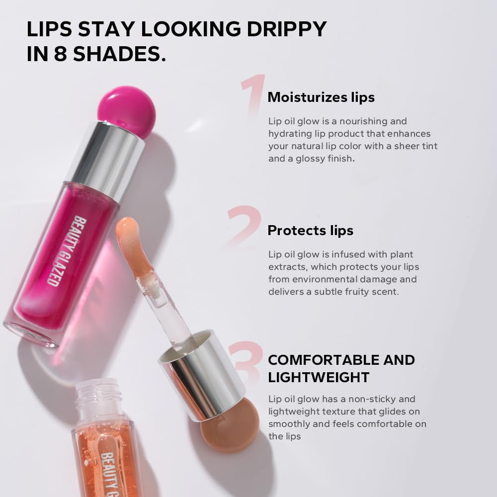 Moisturizing Lip Glow Oil, Hydrating Lip Care Lip Tint, Shiny Lip Glow Vegan Plumping Lip Gloss for Dry Lips (105, Travel Size)