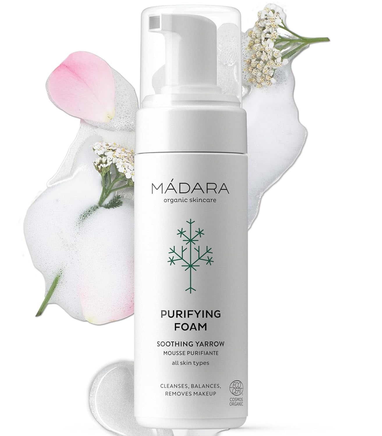 Organic Skincare Purifying Foam Cleanser - 5 oz Moisturizing Formula with Northern Yarrow Extract, Gentle Makeup Remover, COSMOS Organic Certified