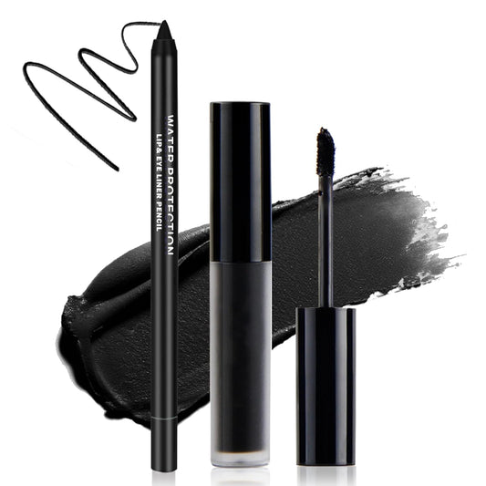 Professional Black Lipstick and Lip Liner Kit - Long-Lasting Matte and Velvet Finish, Smudge-Proof Liquid Lipstick and Pencil for Women