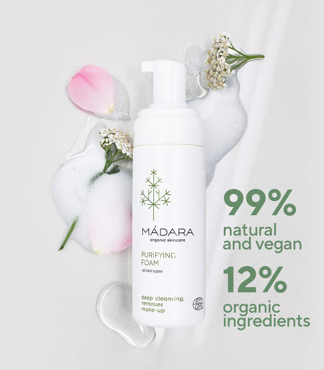 Organic Skincare Purifying Foam Cleanser - 5 oz Moisturizing Formula with Northern Yarrow Extract, Gentle Makeup Remover, COSMOS Organic Certified